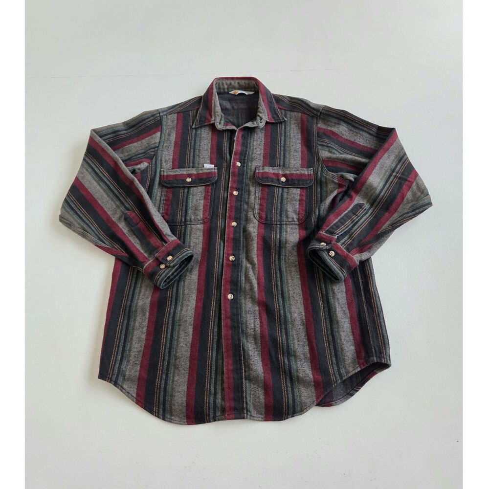 Vintage 90s Carhartt Vertical Stripe Heavy Flannel Shirt Mens Workwear Burgundy